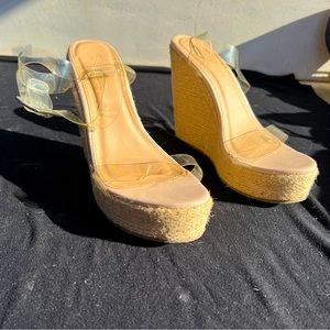 Tan BAMBOO twill hemp Wedges with Clear Straps
